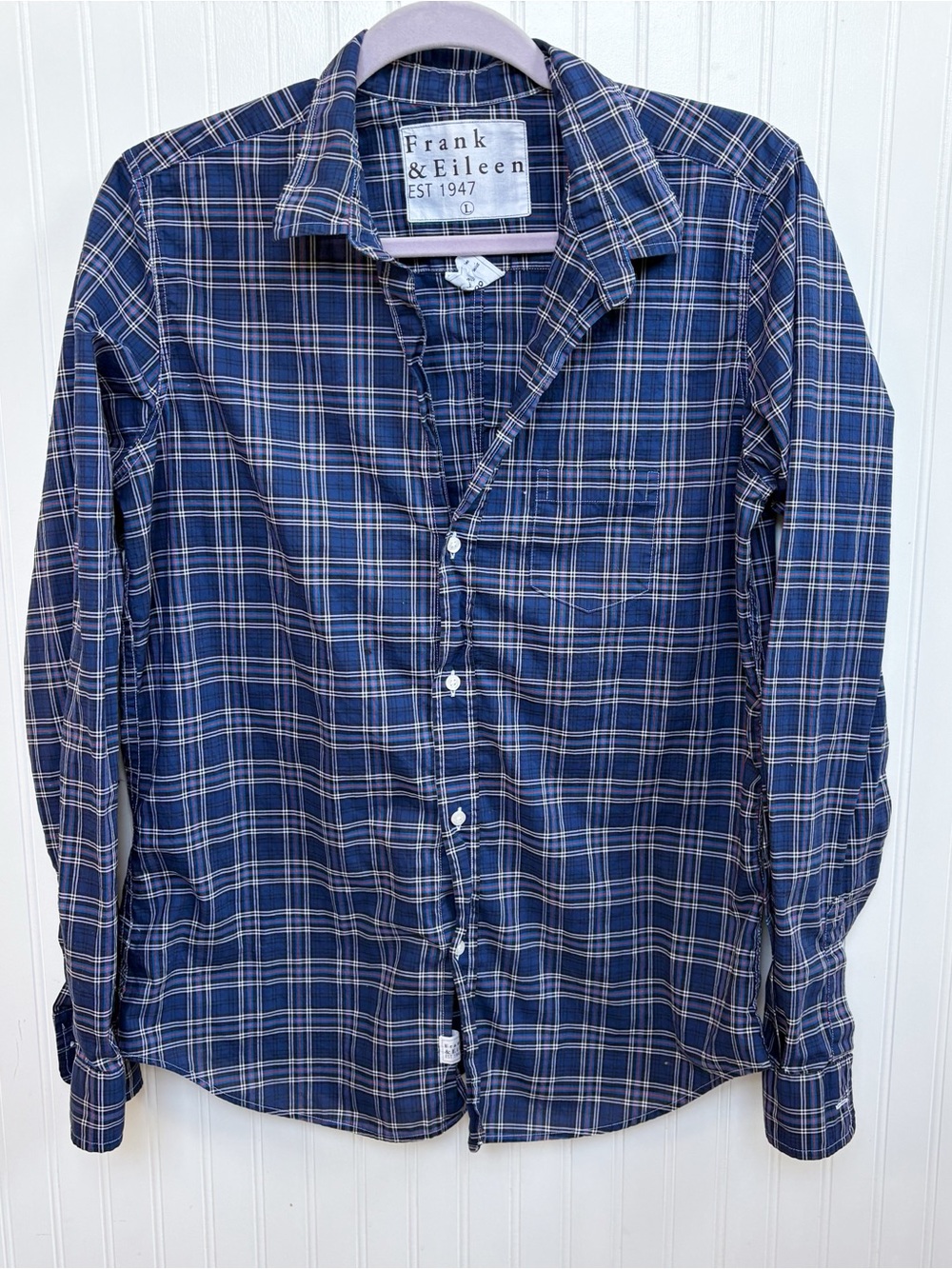 Frank & Eileen Navy Blue Plaid Button Down Barry Tailored Shirt Size Large